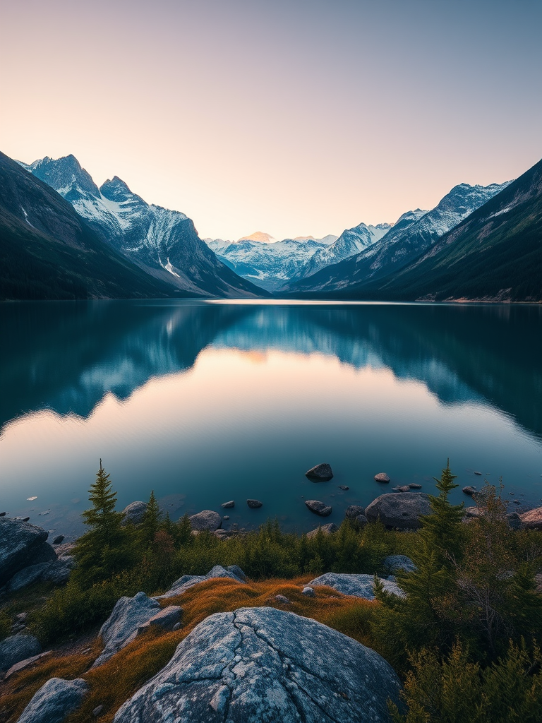 Create a high-resolution image of a serene landscape featuring a calm lake surrounded by mountains at sunrise, using a Canon EOS R5 camera with a 24mm f/1.4 lens, aperture set to f/8, ISO 100, shutter speed 1/125 sec, captured from a low angle view for depth and clarity.