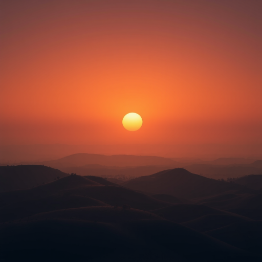 create a smooth gradient landscape at sunset with rounded hills and a large sun in warm earthy tones, shot with a Canon EOS R5 at f/8, 1/60s, ISO 200, wide-angle lens, top-down view, soft focus for a vintage aesthetic