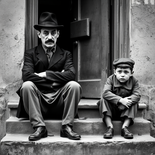 A black-and-white photograph of a man and a child sitting on steps in front of a doorway. The man is dressed as a tramp with a bowler hat, mustache, and ragged clothes, reminiscent of Charlie Chaplin's iconic look. He is sitting with his arms crossed and an expression of slight sadness or frustration. Next to him is a young boy, also in worn clothes and a cap, sitting with his hands clasped, looking thoughtful. The background is an old, textured wall and a partially open door, creating a vintage, early 20th-century atmosphere.