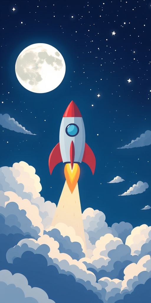 illustration of a cartoon rocket launching into a starry night sky with a large moon, surrounded by fluffy clouds, shot with a DSLR camera at f/8, ISO 200, 50mm lens, with a wide-angle view to enhance depth and clarity