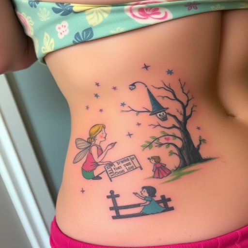 Illustrative tattoo depicting a whimsical fairy tale scene on the ribs, with soft pastel colors and storybook-like linework and shading