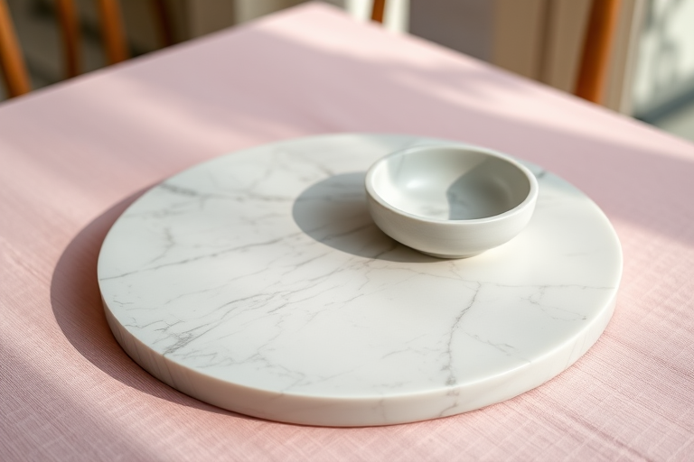 Capture a close-up shot of a marble tray and a smaller oval marble serving dish on a textured pink tablecloth, with soft natural lighting, aperture set to f/2.8 for a shallow depth of field, ISO 100 for clarity, and a focal length of 50mm using a DSLR camera.