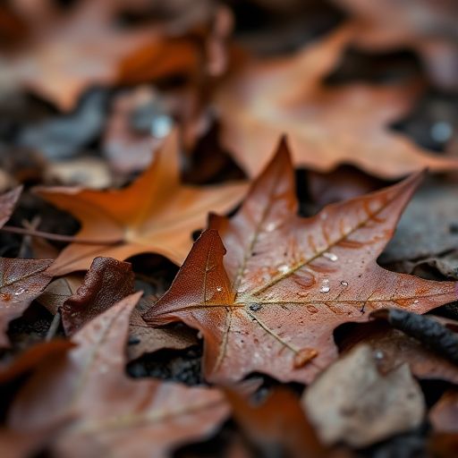 close-up of wet brown leaves on the ground, shallow depth of field, ISO 200, f/4, 1/100s, macro lens, natural light, DSLR camera