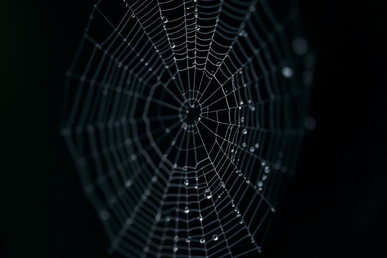 capture a close-up of a spider web with dew drops against a dark background using a macro lens, f/2.8 aperture, 1/200 sec shutter speed, ISO 100, soft natural lighting, DSLR camera