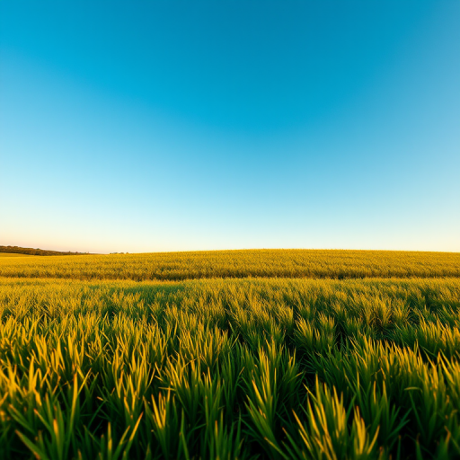 Generate a high-resolution image of a peaceful landscape featuring a lush green meadow under a clear blue sky during golden hour, captured with a Canon EOS R5 using a 50mm lens, aperture set to f/1.8, shutter speed 1/200s, ISO 200, landscape orientation.