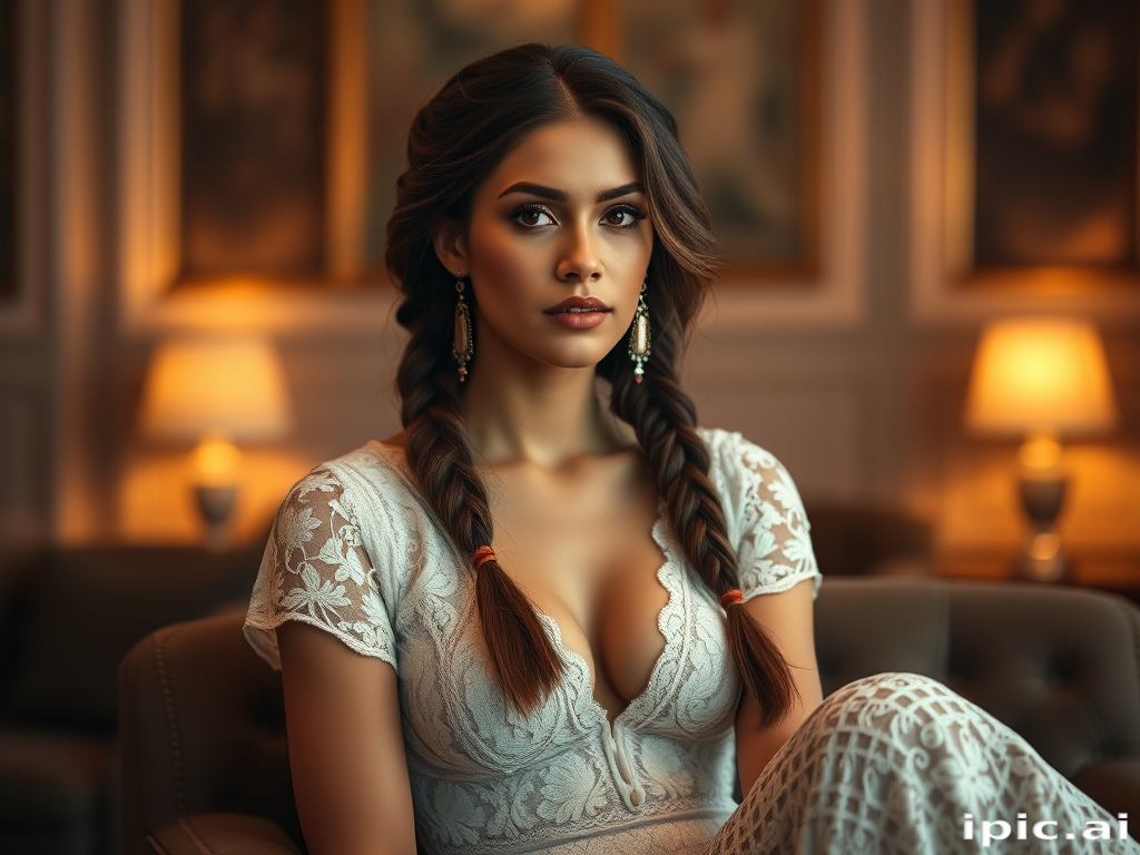 Create a portrait of a refined and elegant woman seated in a sophisticated setting. She has long, wavy hair styled in two thick braids that are pulled over her shoulders. She wears a white, lace gown with intricate patterns, featuring a deep V-neckline and short sleeves. The dress exudes a vintage charm with its delicate lacework. She is adorned with ornate, dangling earrings that add a touch of glamour to her appearance. The background is softly lit, with warm, ambient lighting that creates a cozy and inviting atmosphere. Her expression is poised and serene, capturing a sense of grace and elegance.