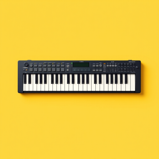 Create a high-resolution, flat design illustration of a MIDI keyboard with a vibrant yellow background, using a Canon EOS R5, 50mm lens, f/2.8 aperture, ISO 100, with a slight top-down angle for emphasis on the keys and pads.