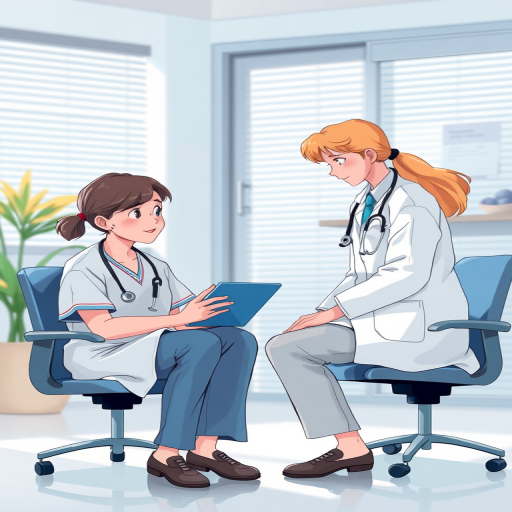 Create a high-quality illustration of a medical consultation scene with two characters discussing over a tablet, one sitting and one standing, in a healthcare setting, using a soft focus effect, with bright natural lighting, shot with a Canon EOS R5, focal length 35mm, aperture f/2.8.
