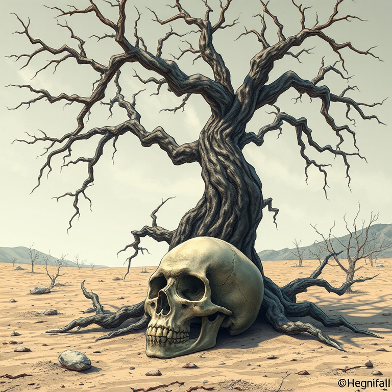 Generate a highly detailed illustration of a twisted, gnarled tree standing over a skull in a barren landscape, captured with a DSLR camera at f/8, ISO 200, 50mm lens, shooting from a low angle with a shallow depth of field for enhanced texture and clarity.