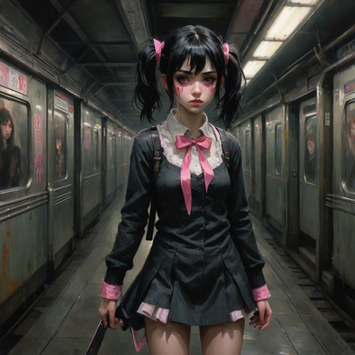 Darkness, horror, creepy, Impressionist Anime painting, metro 2033, disease, mine - type, mass - produced type, cross, slanted eyes, thick coating, twintails, ribbon, black hair, pink eyes, on metro station interior, horror movie atmosphere, dramatic light atmosphere, by Malcolm Liepke, Casey Baugh, jujin ito, and Nick Alm