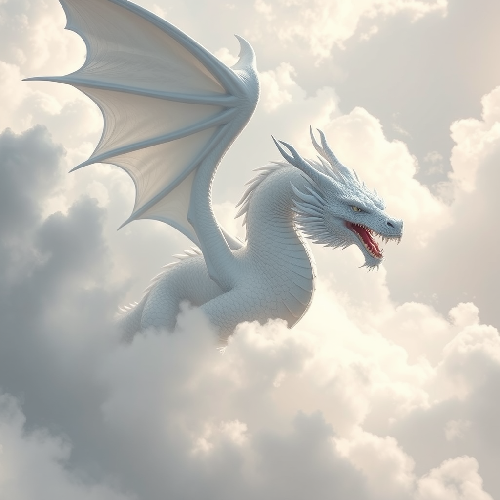 A majestic white dragon swirling through soft, billowy clouds, captured in ultrahigh definition with a Canon EOS R5, 50mm lens, f/1.8 aperture, ISO 100, and a low-angle perspective to emphasize its grandeur and ethereal quality.