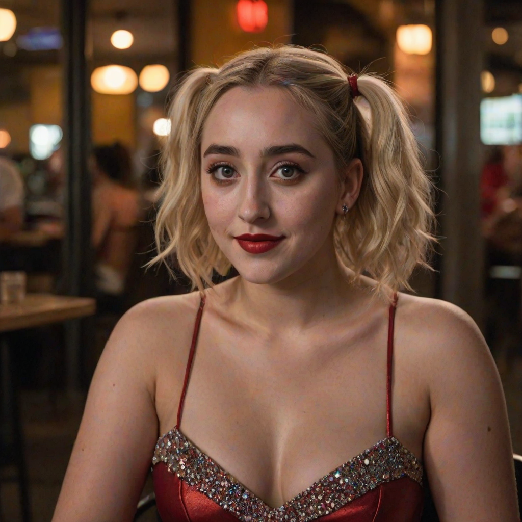 photo of woman:Harley Quinn Smith:0.4, highlight hair, sitting outside restaurant, wearing dress, rim lighting, studio lighting, looking at the camera, dslr, ultra quality, sharp focus, tack sharp, dof, film grain, Fujifilm XT3, crystal clear, 8K UHD, highly detailed glossy eyes, high detailed skin, skin pores