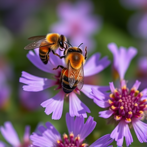 Close-up shot of bees on purple flowers, using a Canon EOS 5D Mark IV, 50mm lens, f/2.8 aperture, ISO 100, 1/200s shutter speed, shallow depth of field, natural lighting.