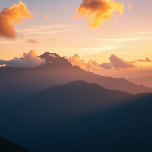 Create a high-resolution image of a serene mountain landscape during sunrise with soft clouds in the sky, shot with a Canon EOS R5, 24mm lens, f/8 aperture, ISO 100, at a 1/125 sec shutter speed, focusing on vivid colors and natural lighting.