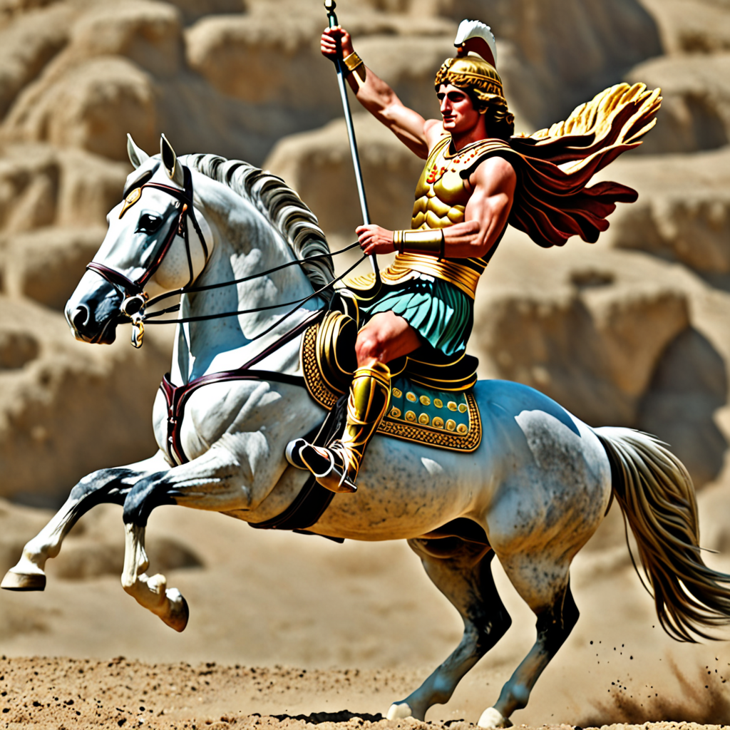 realistic picture of Alexander the Great riding boukefalaw horse