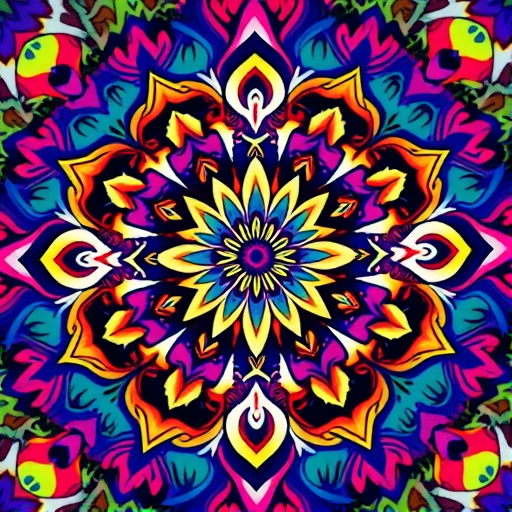 Create a highly detailed mandala with vibrant colors, intricate patterns, and a symmetrical design, shot with a DSLR camera at f/8, ISO 100, 50mm lens, with a macro view to enhance texture and clarity.