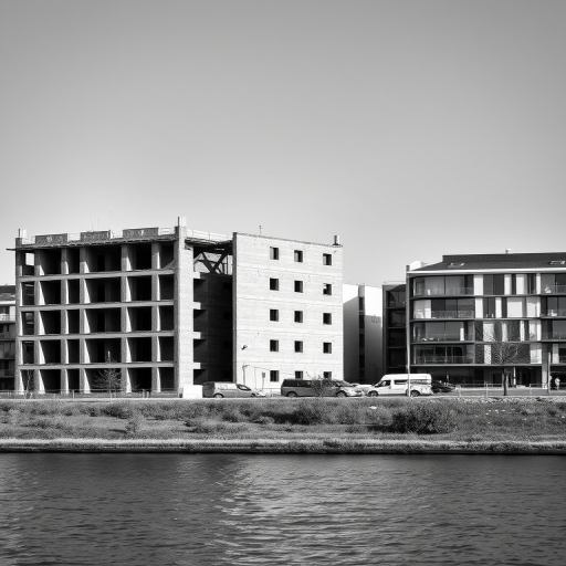 Regenerate a black and white image of a partially constructed building next to modern architecture along a river, captured with a Canon EOS 5D Mark IV, ISO 100, f/8, 1/250 sec, landscape view, sharp focus, high contrast, and fine grain.