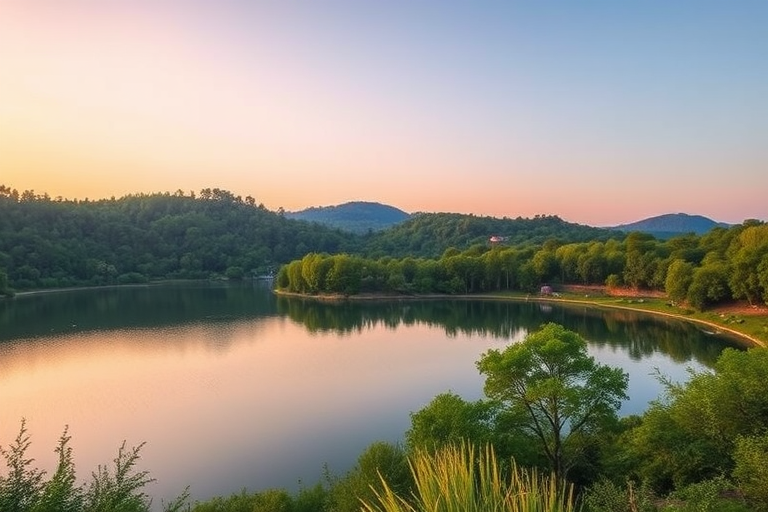 Create a high-resolution image of a serene landscape with a calm lake surrounded by lush greenery during golden hour, using a Canon EOS R5, aperture f/8, shutter speed 1/125s, ISO 100, shot from a wide-angle perspective to capture the expansive view.
