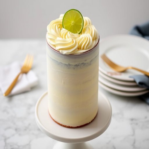 A tall cake with a smooth cream frosting topped with decorative swirls and a slice of lime on top displayed on a white cake stand with a gold fork and a plate in the background on a marble surface.