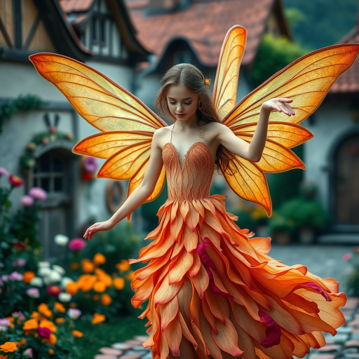Capture a detailed portrait of a fairy with large, translucent orange and green wings, wearing a flowing dress made of petals, dancing gracefully in a magical village setting with quaint cottages and lush flowers, photographed with a Canon EOS R5, 50mm lens, f/1.8 aperture, natural light, shallow depth of field to emphasize the subject and create a dreamy background.