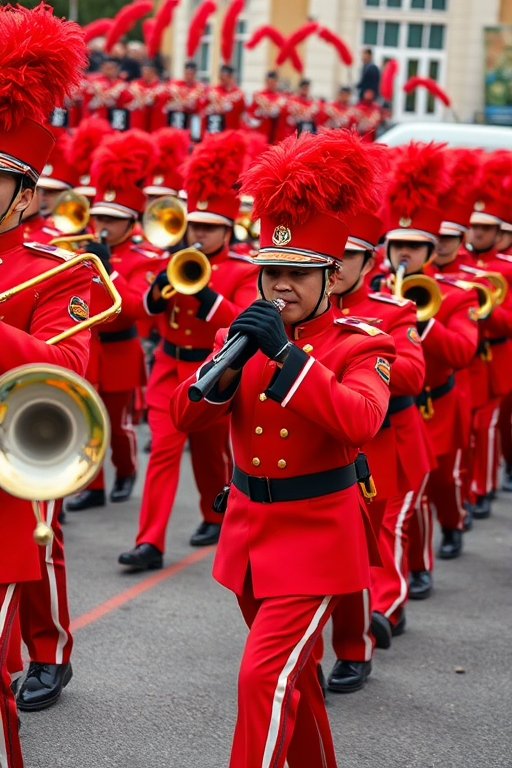 A colorful marching band in vibrant red uniforms playing brass instruments, dynamic composition with the band leader in front; DSLR camera, f/4 aperture, 1/500 sec shutter speed, 35mm lens, vibrant color profile, shot from a low angle to enhance depth.
