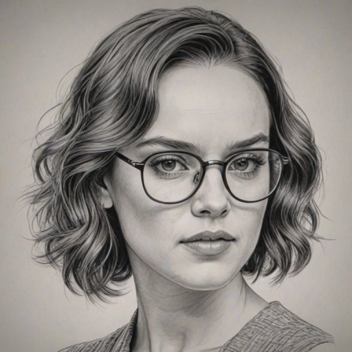 Fetching Daisy Ridley, pencil sketch, portrait of Exquisite woman 1928s in glasses, hair style beatnik, outline, clear lines, fine lines, 8k