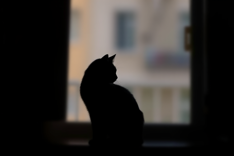 Generate an image of a minimalist black silhouette of a cat sitting, captured with a DSLR camera at 50mm focal length, f/1.8 aperture, ISO 100, in low light conditions with a shallow depth of field.