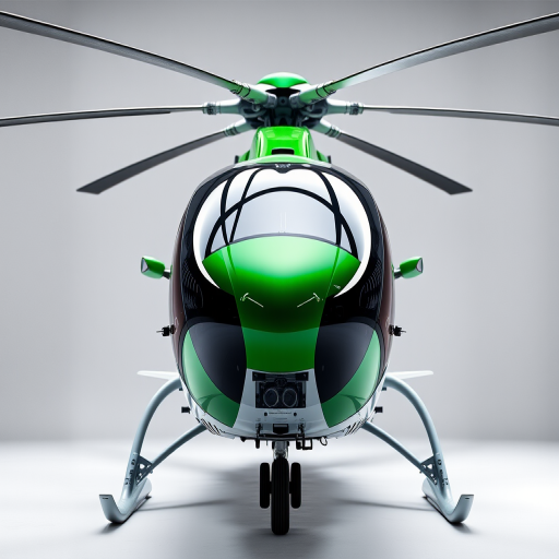 high-resolution image of a modern helicopter with green and white design, dynamic angle from the front, ISO 100, f/5.6 aperture, 24mm lens, 1/1000s shutter speed, studio lighting setup