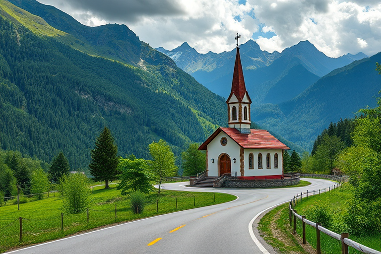 generate a high-resolution landscape image of a charming church on a winding road surrounded by lush greenery and majestic mountains in the background, captured with a Canon EOS R5 at f/8, 1/250 sec, ISO 100, using a wide-angle lens from a slightly elevated perspective to enhance depth and clarity
