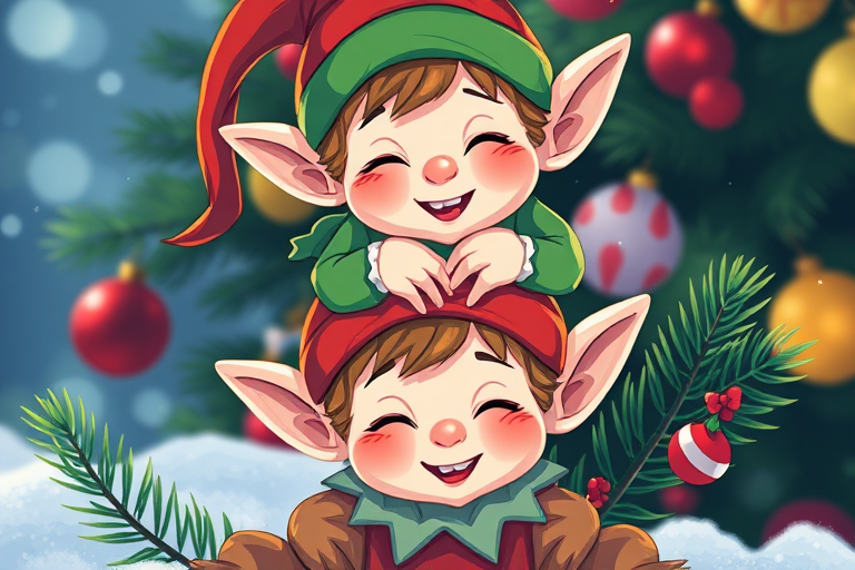 Create a vibrant illustration of two playful elves stacking on top of each other with festive greenery, use a digital art style with high saturation and soft shadows, camera settings: f/8 aperture, 1/60 shutter speed, ISO 200, camera view: close-up, camera type: digital camera.