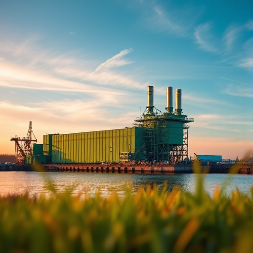 Capture a vibrant image of a green industrial structure on a lake with a blue sky, using a Canon EOS R5, 50mm lens, f/2.8 aperture, ISO 100, and a shallow depth of field to enhance the foreground, taken at sunrise for warm lighting.