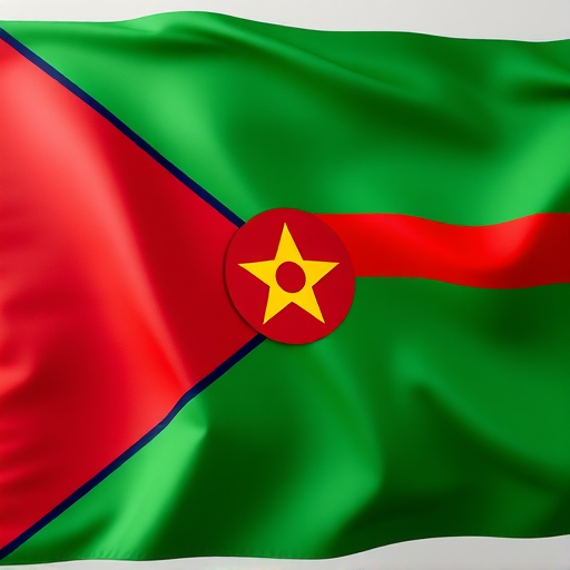Create a digital representation of the Zambian flag with vibrant colors and smooth textures, using a wide-angle lens, f/8 aperture, 1/100 shutter speed, ISO 100, captured in a studio setting with soft diffused lighting.