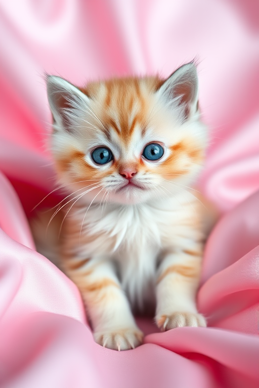 A fluffy kitten with blue eyes sitting on soft pink satin fabric, captured with a Canon EOS R5, 85mm lens, f/1.8, ISO 100, natural light, shallow depth of field for a soft background.