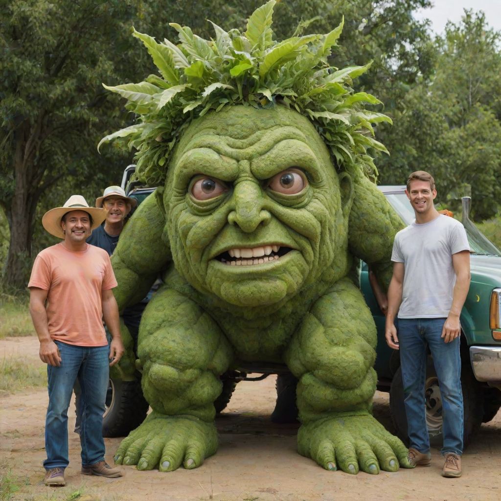 professional high-resolution photograph of 1giant green Cyclops with 2 eyes person made of plants,1woman, smile, 1man, hat, outdoors, multiple men, sky, day, 2men, grin, colored skin, traditional media, parody, ground vehicle, motor vehicle, car, green skin, truck, humongous giant green man standing in background, humongous green plant Cyclops person with 2 eyes