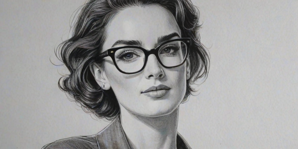 Bewitching Paz Vega, pencil sketch, portrait of Delightful woman 1951s in glasses, hair style beatnik, outline, clear lines, fine lines, 8k