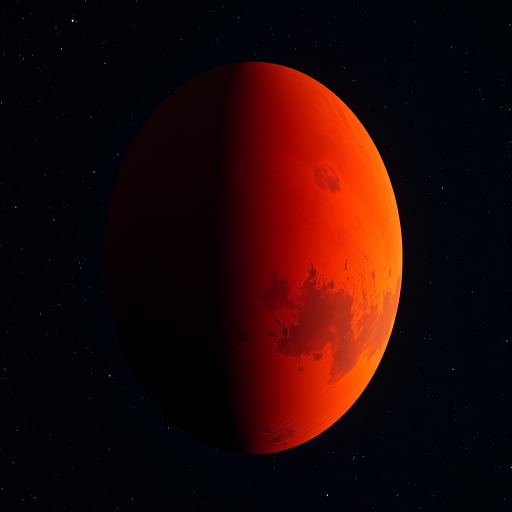 Create a high-resolution image of Mars with vivid red tones, showing surface details, captured with a 50mm lens at f/8, ISO 100, 1/250 sec, taken from a low angle against a starry background, using a digital SLR camera.