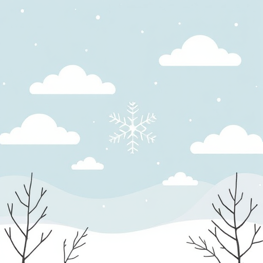 Create a minimalistic winter-themed illustration featuring stylized clouds and a prominently displayed snowflake, using a Canon EOS R5 with a 50mm f/1.2 lens at ISO 100, aperture f/2.8, and a shutter speed of 1/200s, in a soft-focus style.