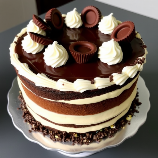 A beautifully decorated chocolate cake with layers of creamy frosting topped with chocolate ganache and dollops of whipped cream, adorned with chocolate cups and crushed candy on the sides, presented on a silver cake stand.