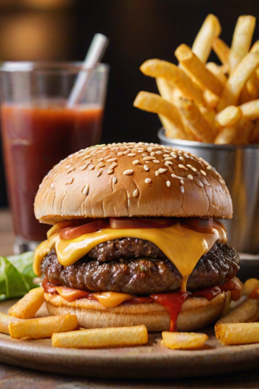 High-resolution, close-up image of a gourmet double cheeseburger. The burger features a glossy, sesame-seed-topped brioche bun. Inside, there are two thick, juicy beef patties, each topped with melted cheddar cheese. The burger is garnished with fresh lettuce, tomato slices, diced onions, and pickles. A generous amount of ketchup and a creamy, orange-colored sauce is dripping down the sides, adding to the mouth-watering appeal. In the background, there are blurred elements including a side of golden French fries and a hint of a beverage, enhancing the overall presentation of a delicious meal.