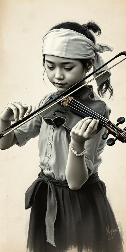 a young Ryukyuan woman with a white headband playing a violin, in the style of a charcoal drawing, sepia grunge background
