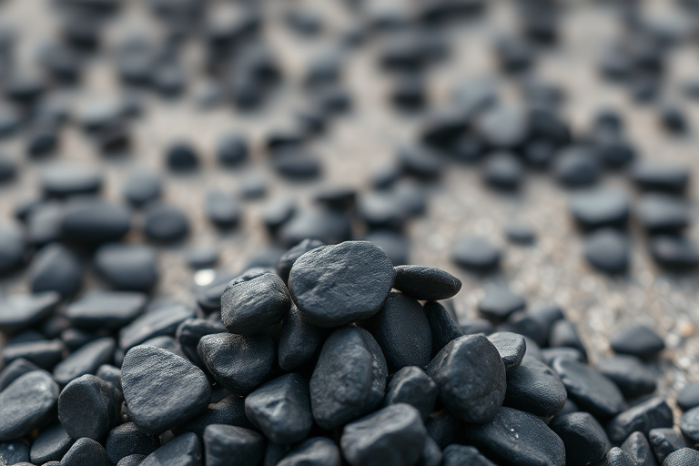 high-resolution image of a pile of black rocks on a clean background, shot with a DSLR camera at f/8 aperture, 50mm lens, ISO 100, natural lighting, shallow depth of field to enhance texture details