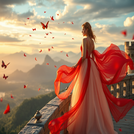 Create a high-resolution fantasy portrait of a beautiful woman in a flowing red and white gown standing on a castle balcony, with butterflies and falling petals around her, capturing a dramatic sky with mountains in the background, using a Canon EOS R5, 85mm f/1.2 lens, aperture at f/1.8, ISO 100, and a warm golden hour lighting for enhanced image quality.