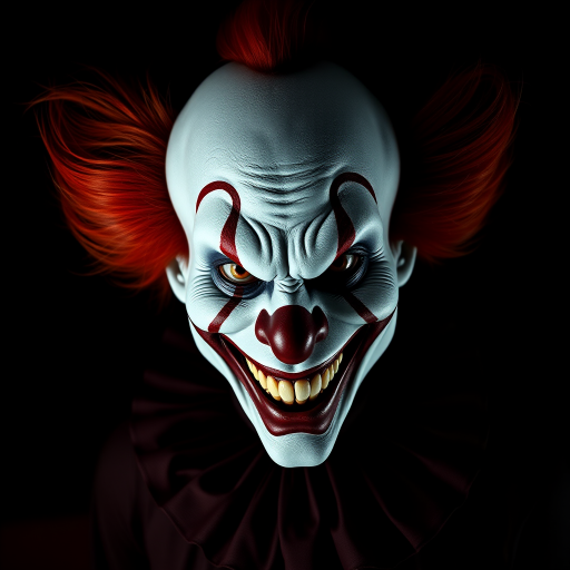 Create a hyper-realistic, dark, and eerie clown with a sinister smile, set against a black background. The clown should have exaggerated makeup with sharp, contrasting colors to enhance its menacing appearance. The overall atmosphere should be unsettling and intense, capturing a sense of horror and suspense