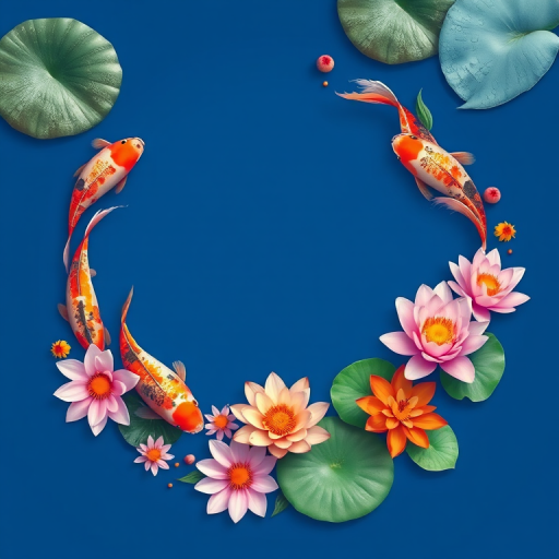Generate an illustration of a circular frame featuring colorful koi fish and blooming water lilies on a solid blue background, using a DSLR camera with a 50mm lens, aperture set to f/2.8, ISO 100, and a soft focus style to enhance image quality.
