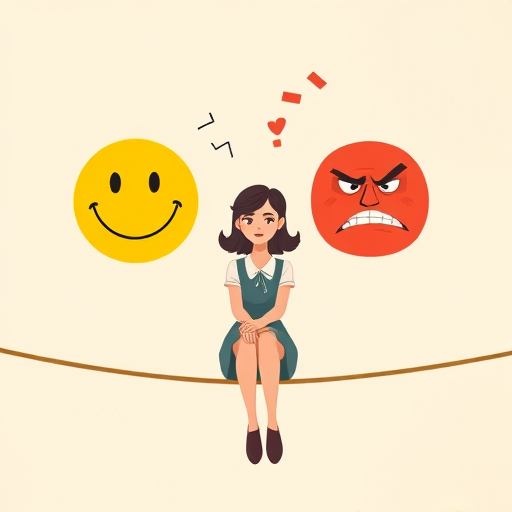Create an illustration featuring a woman sitting thoughtfully on a tightrope, balancing a happy yellow smiley face on one side and an angry red frown on the other, with a soft pastel background; use a 50mm lens at f/4, ISO 100, and a soft-focus style to enhance the overall quality of the image.