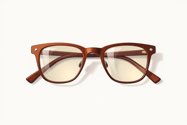Create a detailed illustration of a pair of brown rectangular eyeglasses on a plain background, with a focus on realistic light reflections on the lenses, using a 50mm lens, f/2.8 aperture, ISO 100, medium shot, digital camera.