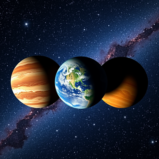 Create a cosmic scene featuring three colorful planets in alignment against a starry background, with a focus on intricate textures and deep space details, taken with a DSLR camera at F/2.8, ISO 100, 24mm lens, in a high dynamic range style.