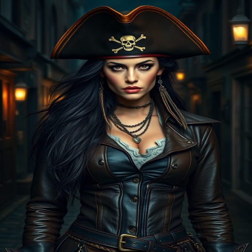 Create a portrait of a fierce female pirate. She wears a leather tricorn hat adorned with a skull and crossbones emblem, and her long, dark hair flows around her face. Her outfit consists of a richly detailed leather jacket, a corset, and multiple layers of belts and accessories, giving her a formidable and stylish appearance. She stands confidently in a dimly lit, historic port town, with a backdrop of weathered buildings and cobblestone streets, capturing the adventurous spirit of a pirate.