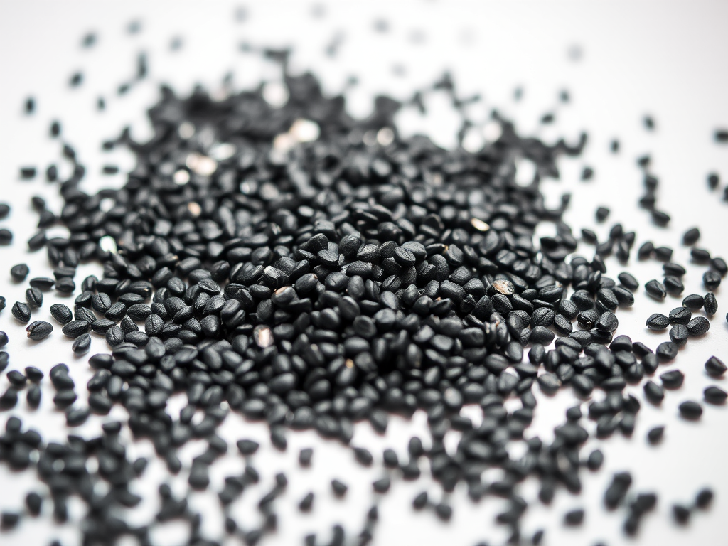 close-up shot of a pile of small black seeds scattered on a white surface, natural light, f/4, ISO 100, 50mm lens, DSLR camera, shallow depth of field