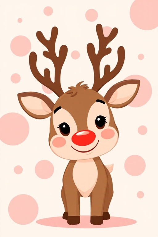 Create a cute cartoon reindeer character with a cheerful expression in a soft pastel background featuring pink and peach circles, using a DSLR camera, 50mm lens, f/2.8 aperture, 1/100 sec shutter speed, and ISO 100 for vibrant colors and sharp details.